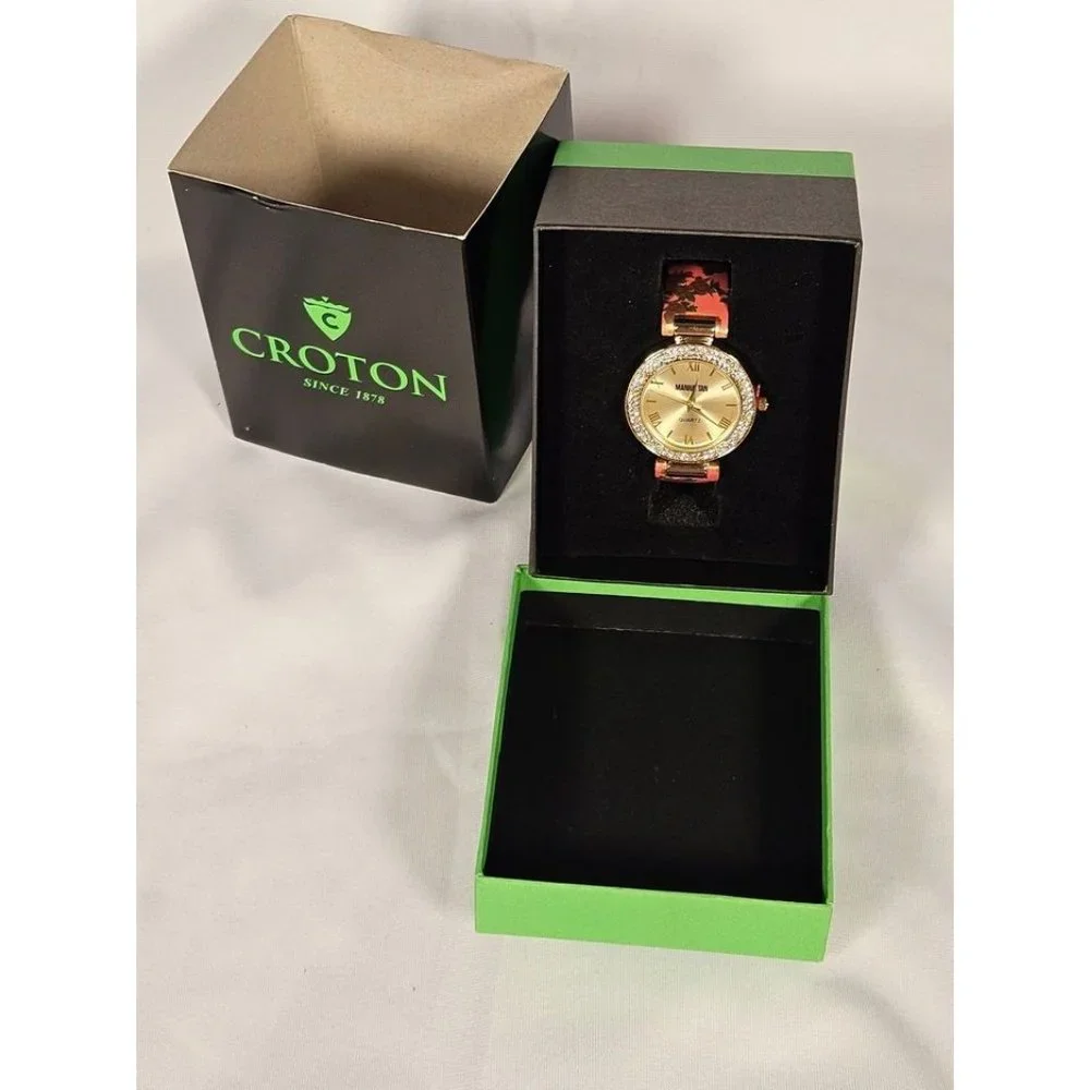 Women's Croton Manhattan Watch, Gold‎ Tone Rhinestone Bezel - NIB